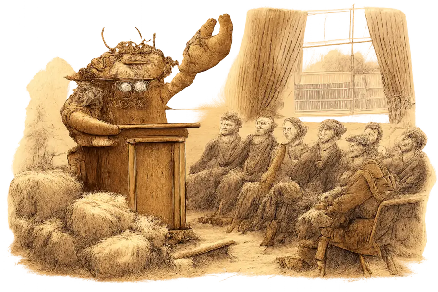 A crab in tweed at a podium in a Scottish country house, addressing brand executives and sheep farmers, with bales of fleece nearby and a closed mill visible through a window