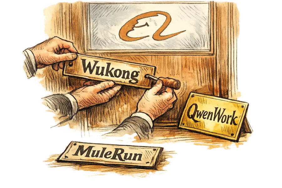An office door plaque reading 'Wukong' being unscrewed and replaced with one reading 'QwenWork', a discarded 'MuleRun' sign on the floor, and the Alibaba logo on the frosted glass above.