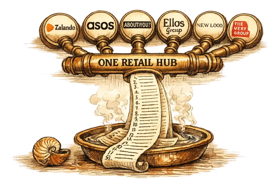 Seven European retailer logos connected by a single brass pipe labeled 'One Retail Hub', funnelling a scroll of 51 numbered questions into a communal basin.