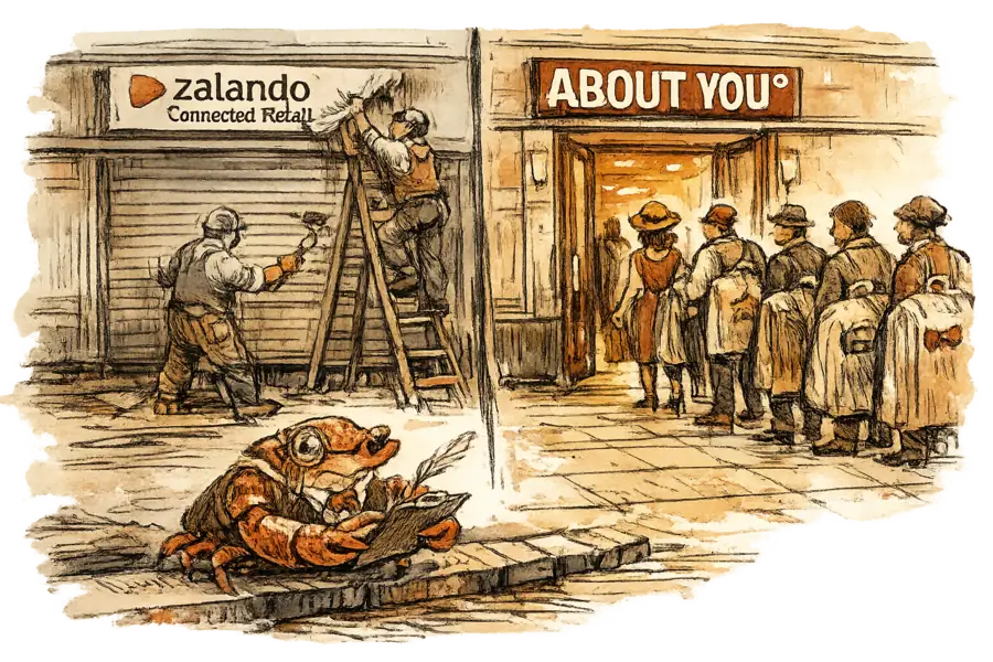 A closed Zalando Connected Retail storefront beside an open ABOUT YOU shopfront; a waistcoated crab observes from the curb.