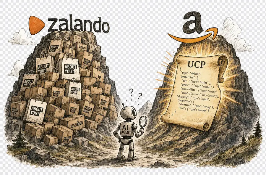 Zalando stacks ABOUT YOU shopping bags into a scale mountain while Amazon points its arrow at a glowing UCP scroll, an AI agent watching from the valley between them