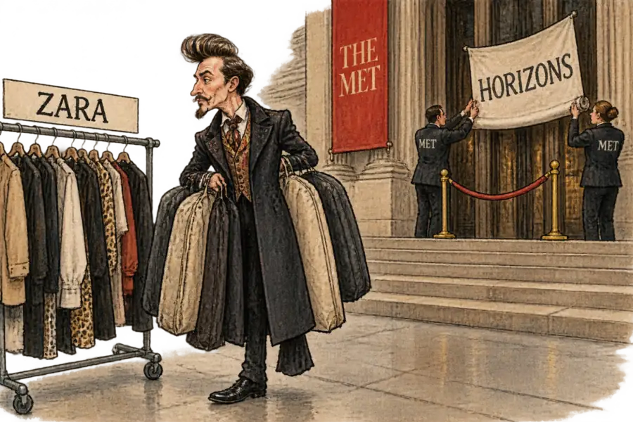 A caricature of John Galliano in a theatrical tailored coat stands at the foot of the Metropolitan Museum steps, a velvet rope across the doorway behind him while staff roll up a banner lettered HORIZONS, and a Zara shop rail waits on the pavement to his left.