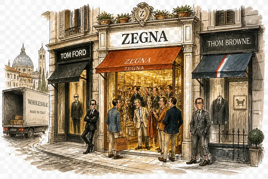 Three luxury storefronts on an Italian street, with the central Zegna shop lit and busy while Tom Ford and Thom Browne stand quieter beside it.
